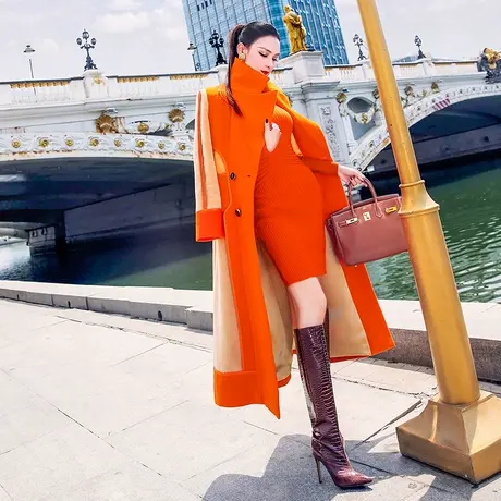 VJE秋冬撞色翻领呢大衣女中长款新款时尚修身过膝毛呢外套图片