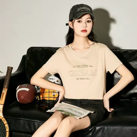 唐狮新款短袖女t恤夏季针织前胸复古简约英文刺绣小众上衣商品大图