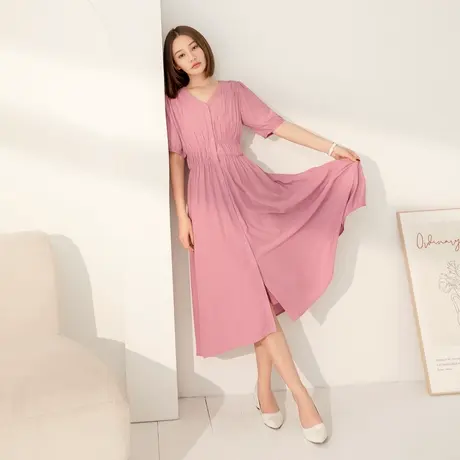 桔熊夏季海边度假V领开衫抓皱收腰垂感长连衣裙子女大码DA9622图片