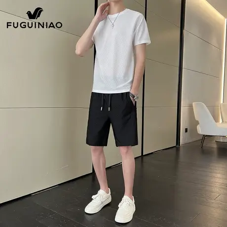 富贵鸟冰丝短袖套装男士凉感半袖t恤夏季新款休闲运动短裤男一套商品大图