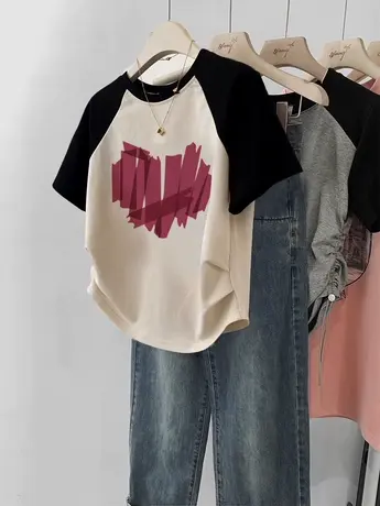 韩系学院风短款T恤女chic复古ins潮修身撞色插肩袖遮肉短袖上衣夏图片