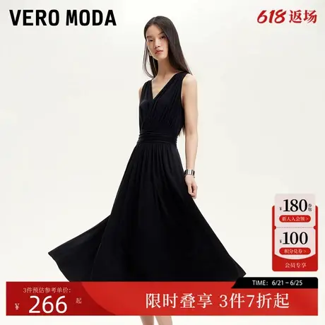 Vero Moda连衣裙女2025夏季新款大V领褶皱A版高腰无袖显瘦连衣裙图片