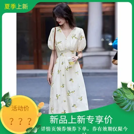 时尚气质连衣裙2025年夏季新款女V领收腰显瘦刺绣泡泡袖温柔长裙图片