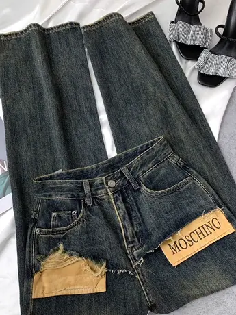 韩版做旧复古牛仔阔腿裤女2023秋季新款露口袋高腰宽松bf男友长裤商品大图