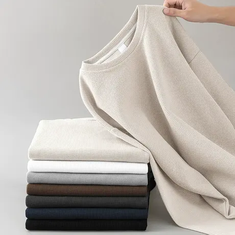 华夫格卫衣男套头无帽上衣服宽松秋冬款加绒加厚保暖圆领长袖t恤商品大图