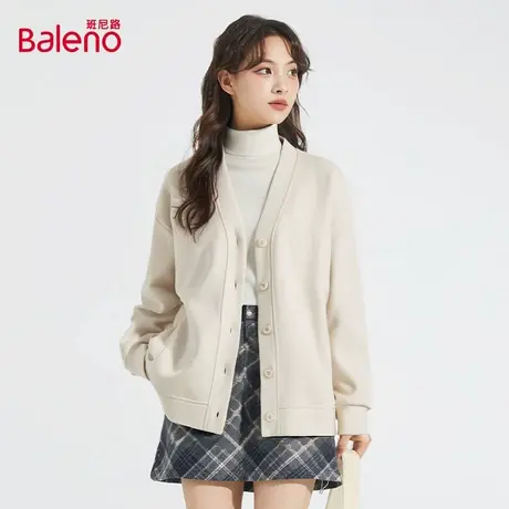 班尼路砂砾色宽松V领开衫女2025春秋季慵懒风小妈穿搭休闲外套女Q图片