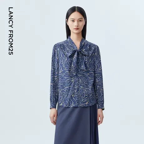 LANCY/朗姿2023秋季新款真丝印花家飘带衬衫女时尚通勤气质衬衣图片
