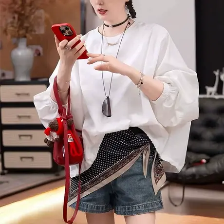 贴标抽绳长袖衬衣女2025秋季新款潮流时尚宽松百搭纯色圆领衬潮商品大图