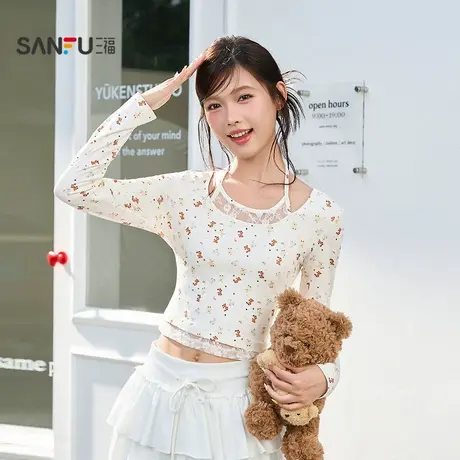 三福女秋季蕾丝拼接假两件T恤 时尚宽松挂脖上衣女509450图片