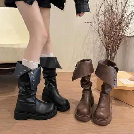 厚底两穿骑士靴女2025新款秋季英伦风复古显瘦靴子小个子增高长靴商品大图