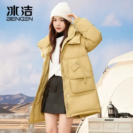 冰洁羽绒服女2023冬季新款长款宽松立领防风加厚保暖连帽外套HM图片