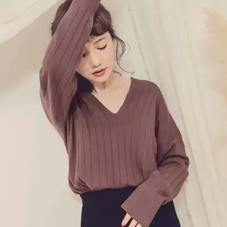 桔熊秋冬季纯色毛衣女装慵懒风复古V领坑条针织打底衫大码FA1707图片