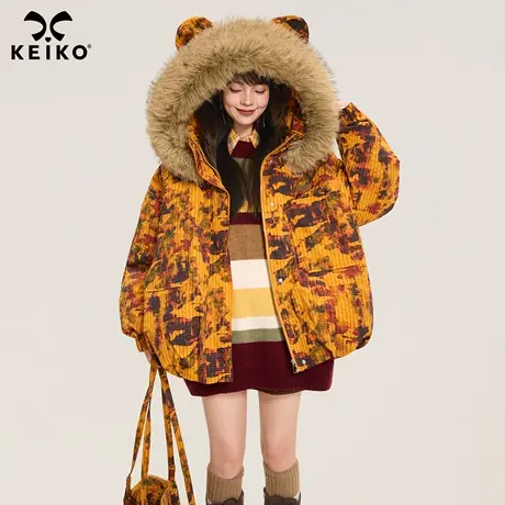 KEIKO 日系复古毛领连帽短款棉服女25秋冬加厚保暖外套宽松面包服商品大图
