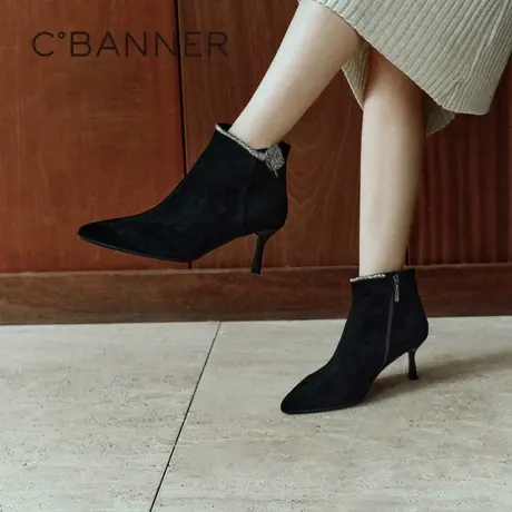 千百度细高跟时装靴女款春秋百搭气质尖头羊皮通勤优雅洋气小短靴商品大图