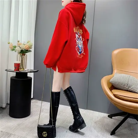 新年红色加绒加厚连帽卫衣女中长款2022年新款秋冬宽松设计感外套商品大图