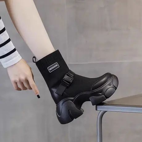 内增高弹力袜子马丁靴女2023年新款秋冬季百搭中筒靴厚底高跟短靴商品大图