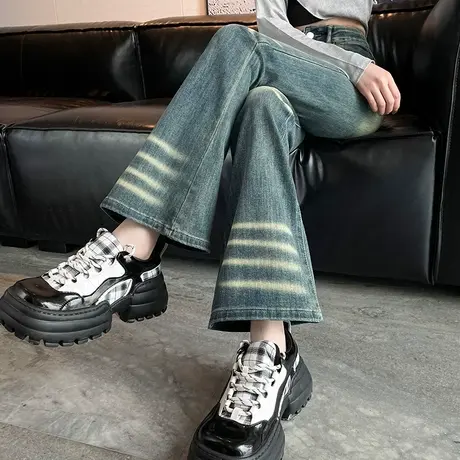 美式复古微喇牛仔裤女秋季拼接做旧高腰修身弹力提臀喇叭马蹄长裤商品大图