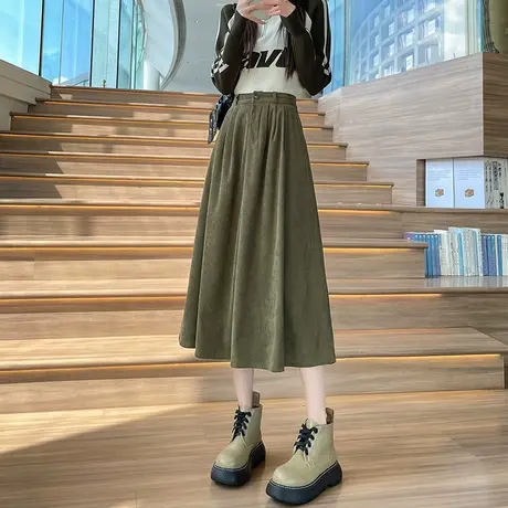 复古绿色灯芯绒半身裙女2023冬季新款高腰显瘦遮胯中长款a字伞裙图片