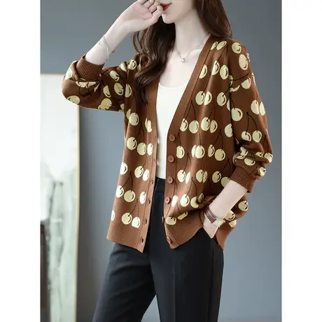 宝诗黎V领提花长袖针织开衫女装外搭洋气宽松上衣2023春秋季新款商品大图