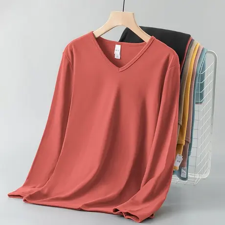 德绒长袖t恤男装V领上衣服双面绒秋冬保暖内搭打底衫体恤纯色小衫图片