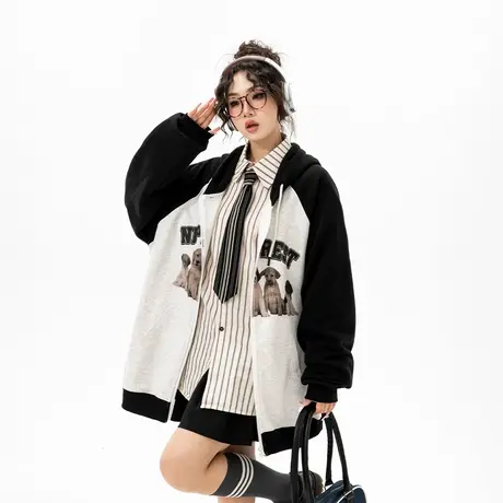 YEP拼接插肩袖连帽卫衣女春秋2023新款美式复古潮牌宽松开衫外套商品大图