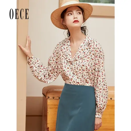 Oece春装女装 温柔甜系小碎花复古花边气质长袖衬衫上衣商品大图
