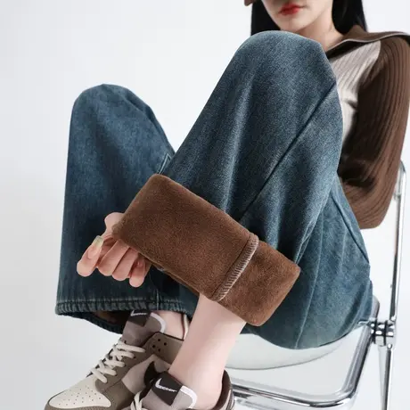 时尚气质牛仔裤2023年冬季新款高腰百搭加绒厚款复古蓝长款裤子商品大图