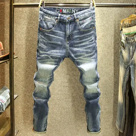 秋冬款潮牛仔裤男修身小直筒弹力裤子高端水洗磨白潮流帅气长裤子商品大图