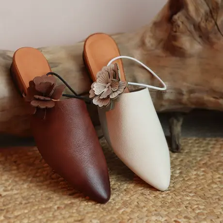 Artmu阿木原创复古包头半拖鞋女花朵尖头皮拖凉鞋拖女夏外穿真皮图片