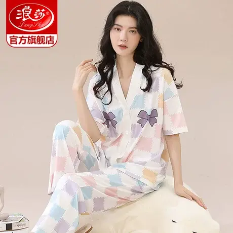 浪莎睡衣女夏季2023年新款纯棉短袖衬衫薄可爱可外穿家居服套装ZH图片