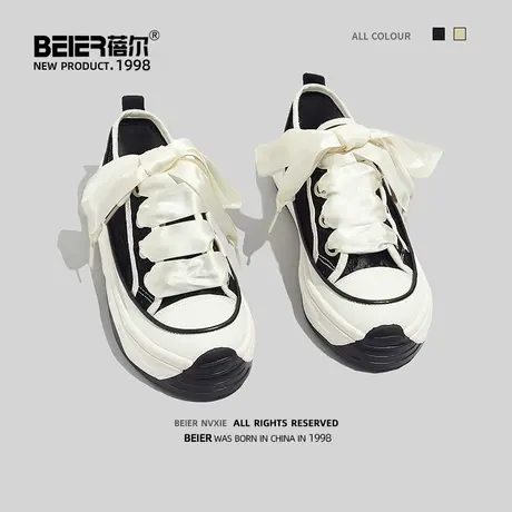 蓓尔帆布鞋女2023新款夏季透网百搭蕾丝透气布鞋休闲港味原宿板鞋商品大图