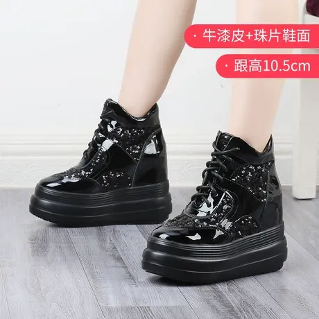 2023年新款内增高女鞋10公分亮片圆头休闲厚底坡跟旅游高帮运动鞋商品大图