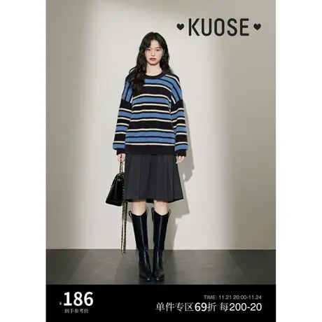 阔色美式条纹圆领毛衣女2023新款秋冬宽松休闲针织衫上衣商品大图