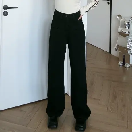 尔给美式复古加绒加厚牛仔裤女秋冬款2023年新款裤子黑色直筒裤商品大图