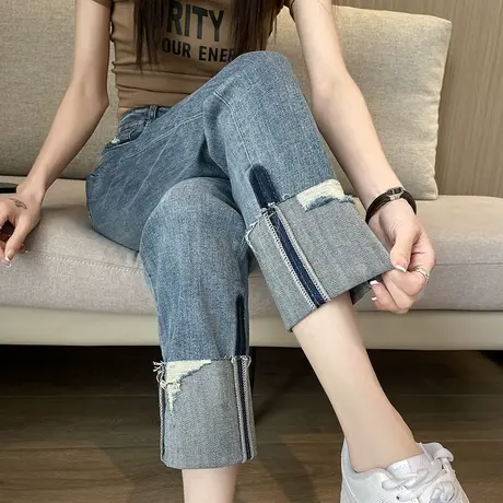 九分卷边破洞直筒牛仔裤女秋季新款弹力高腰显瘦法棍裤翻边烟管裤商品大图