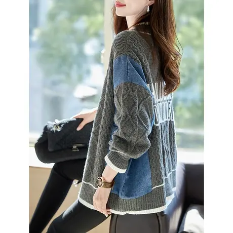 宝诗黎V领牛仔拼接时尚针织开衫2024年春季新款女士宽松休闲外套商品大图