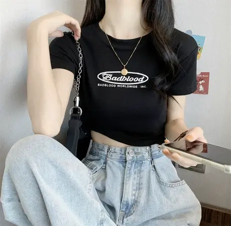 港风ins超火字母短袖T恤女夏新款潮韩版网红修身显瘦百搭半袖上衣图片