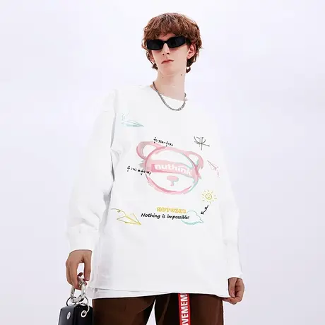 Nuthink日系春季中性宽松情侣可爱小熊长袖T恤男潮牌大码男士上衣商品大图