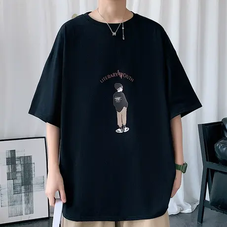 短袖男夏季潮流宽松休闲五分半袖t上衣服小众男士T恤纯棉冰丝体恤商品大图