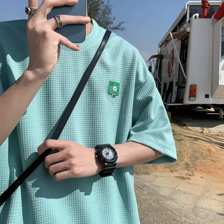 华夫格贴标短袖t恤男夏季运动半袖上衣ins潮牌港风薄款休闲打底衫商品大图