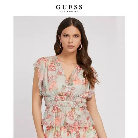 【38上新季】GUESS女士V领花边袖衬衫上衣商品大图