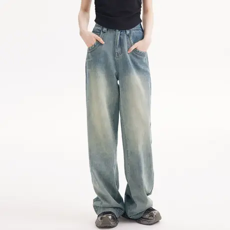 尔给浅色宽松高腰直筒牛仔裤女2023年新款美式复古梨形身材裤子商品大图