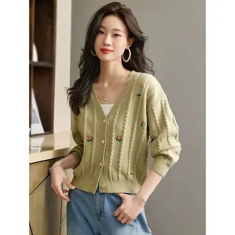 时尚气质毛衣开衫2023年秋季新款淑女温柔V领显瘦通勤百搭上衣图片