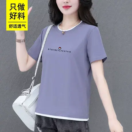 恋上17号t恤女百搭夏季2023新款宽松薄款圆领时尚妈妈装短款衣服图片