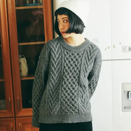 omont蛋挞家复古宽松圆领绞花毛衣女休闲短款套头打底针织衫秋冬K图片