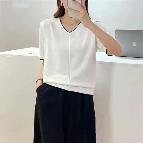 早秋季2023年新款v领纯色针织衫女简约内搭女装短袖打底衫上衣薄商品大图