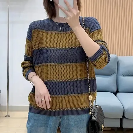 拼色圆领条纹镂空针织衫毛衣外搭2023秋季新款慵懒风宽松减龄上衣商品大图