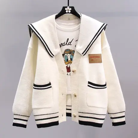 日系海军领毛衣外套女秋冬2023新款宽松学院风中长款减龄针织开衫图片