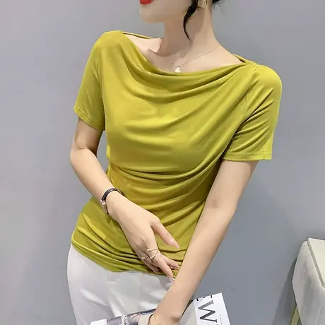 一字肩上衣女短袖网红夏装性感气质垂感T恤2024纯色百搭洋气体恤图片