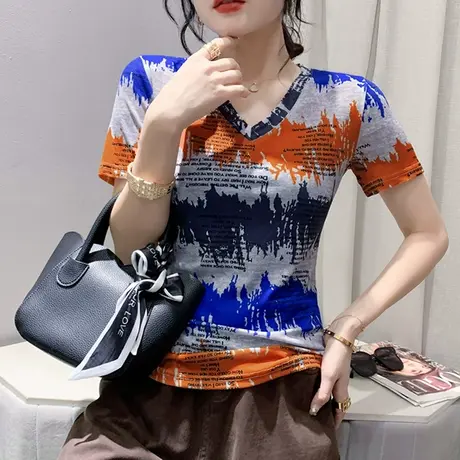 欧货涂鸦印花T恤女短袖网红个性V领上衣洋气修身小衫夏季别致半袖商品大图